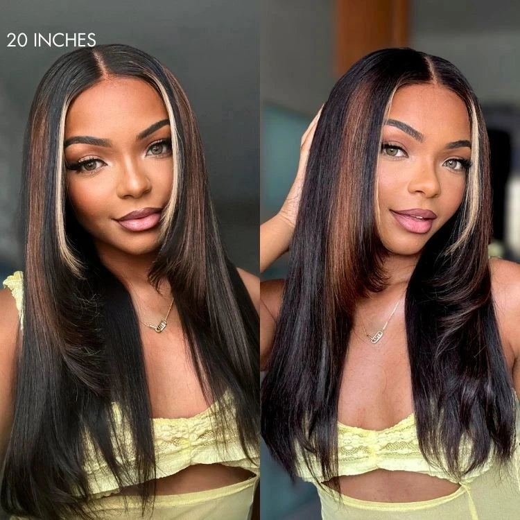 Black/Color Highlight 180% Density Layered Cut Glueless 5x5 Closure Lace  Wig Pre-Plucked Hairline