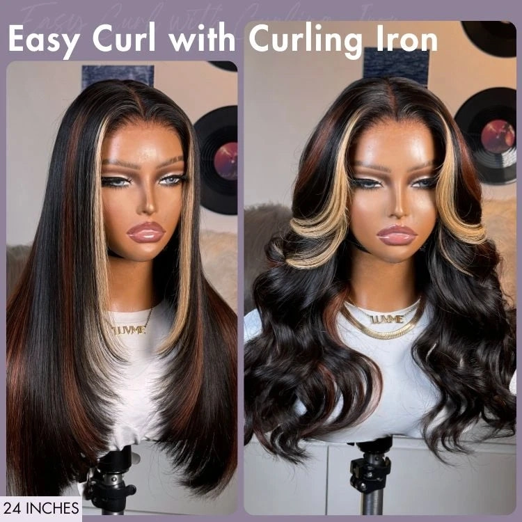 Black/Color Highlight 180% Density Layered Cut Glueless 5x5 Closure Lace  Wig Pre-Plucked Hairline