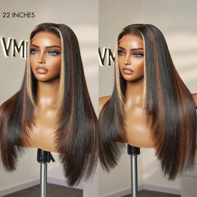 Black/Color Highlight 180% Density Layered Cut Glueless 5x5 Closure Lace  Wig Pre-Plucked Hairline