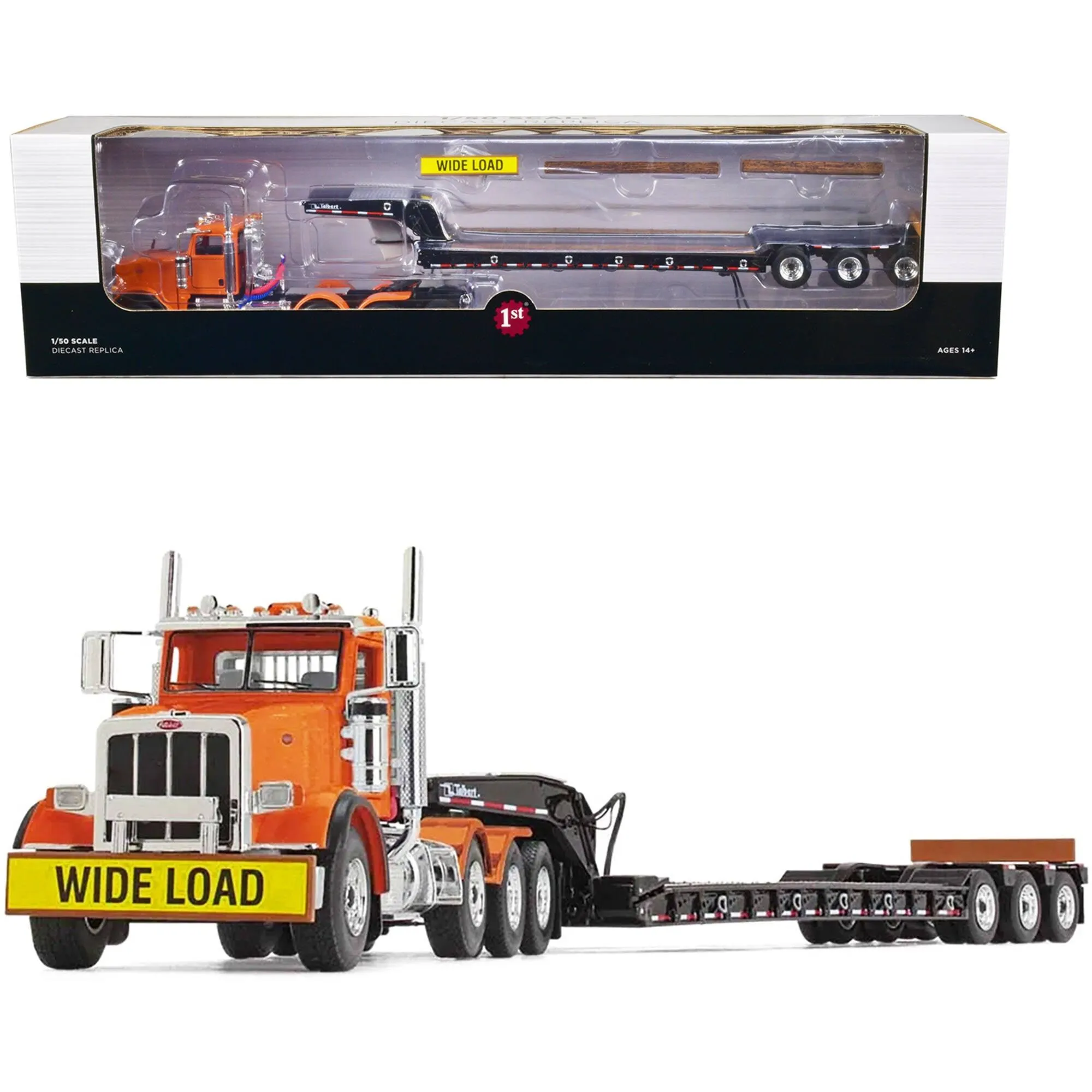 First Gear 1/50 Diecast Tri-Axle Lowboy - Peterbilt 367 Day Cab Bright Orange