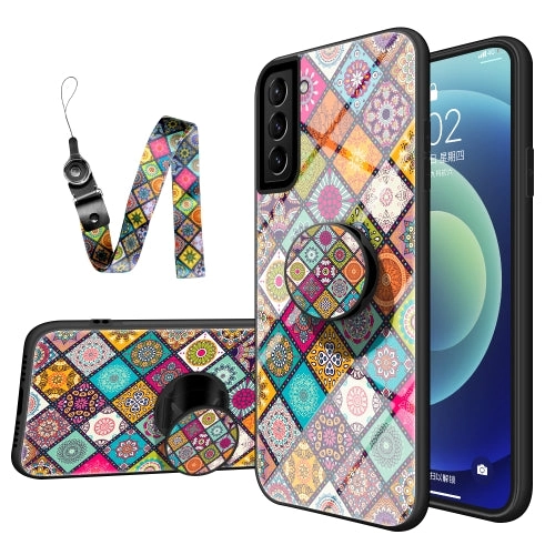 For Samsung Galaxy S21  5G Painted Ethnic Pattern Tempered Glass TPU Shockproof Case with Folding