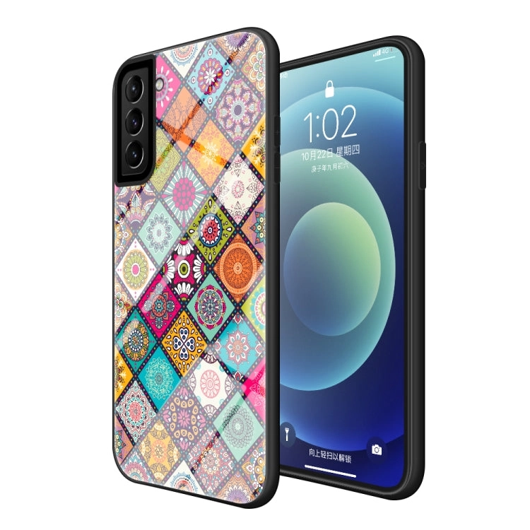 For Samsung Galaxy S21  5G Painted Ethnic Pattern Tempered Glass TPU Shockproof Case with Folding
