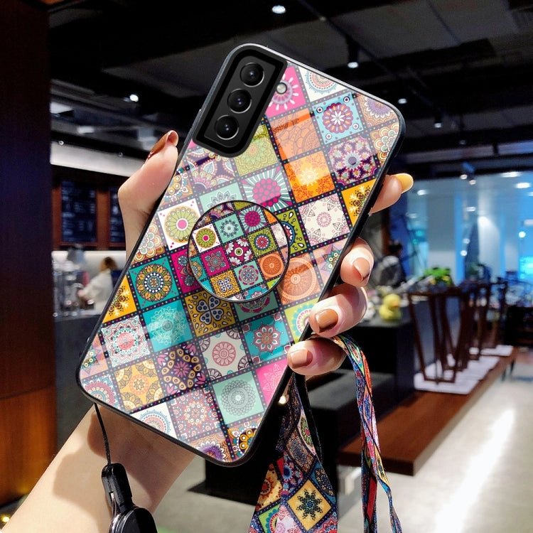 For Samsung Galaxy S21  5G Painted Ethnic Pattern Tempered Glass TPU Shockproof Case with Folding