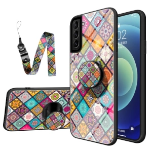 For Samsung Galaxy S21  5G Painted Ethnic Pattern Tempered Glass TPU Shockproof Case with Folding