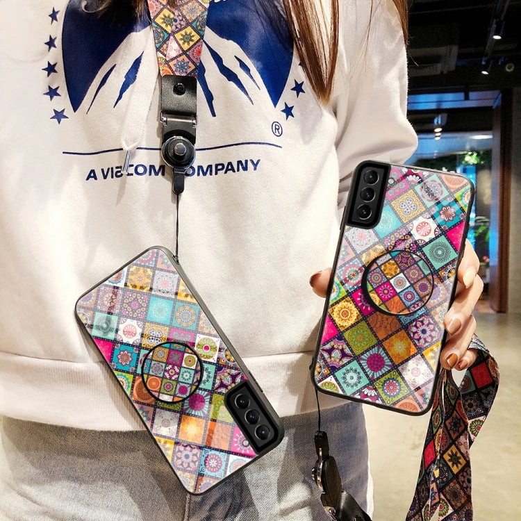 For Samsung Galaxy S21  5G Painted Ethnic Pattern Tempered Glass TPU Shockproof Case with Folding