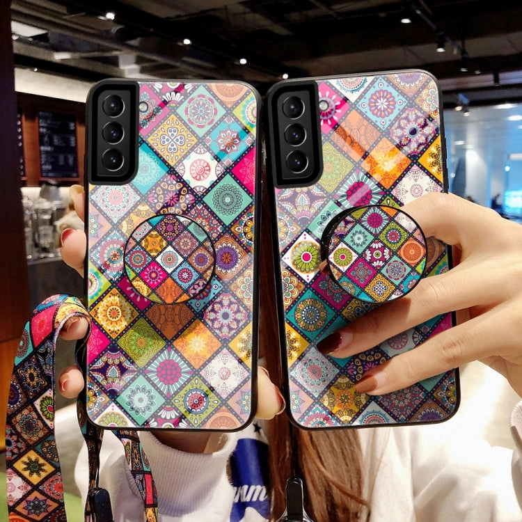For Samsung Galaxy S21  5G Painted Ethnic Pattern Tempered Glass TPU Shockproof Case with Folding