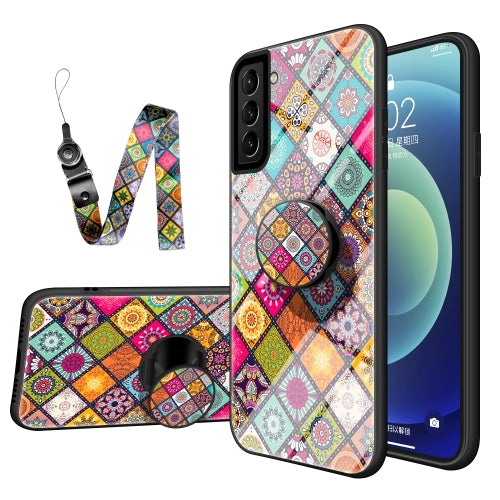 For Samsung Galaxy S21  5G Painted Ethnic Pattern Tempered Glass TPU Shockproof Case with Folding
