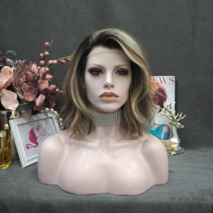 IMSTYLE Gina short Bob Style light brown with blonde highlight everyday waer wigs natural 13*2 lace front synthetic wig