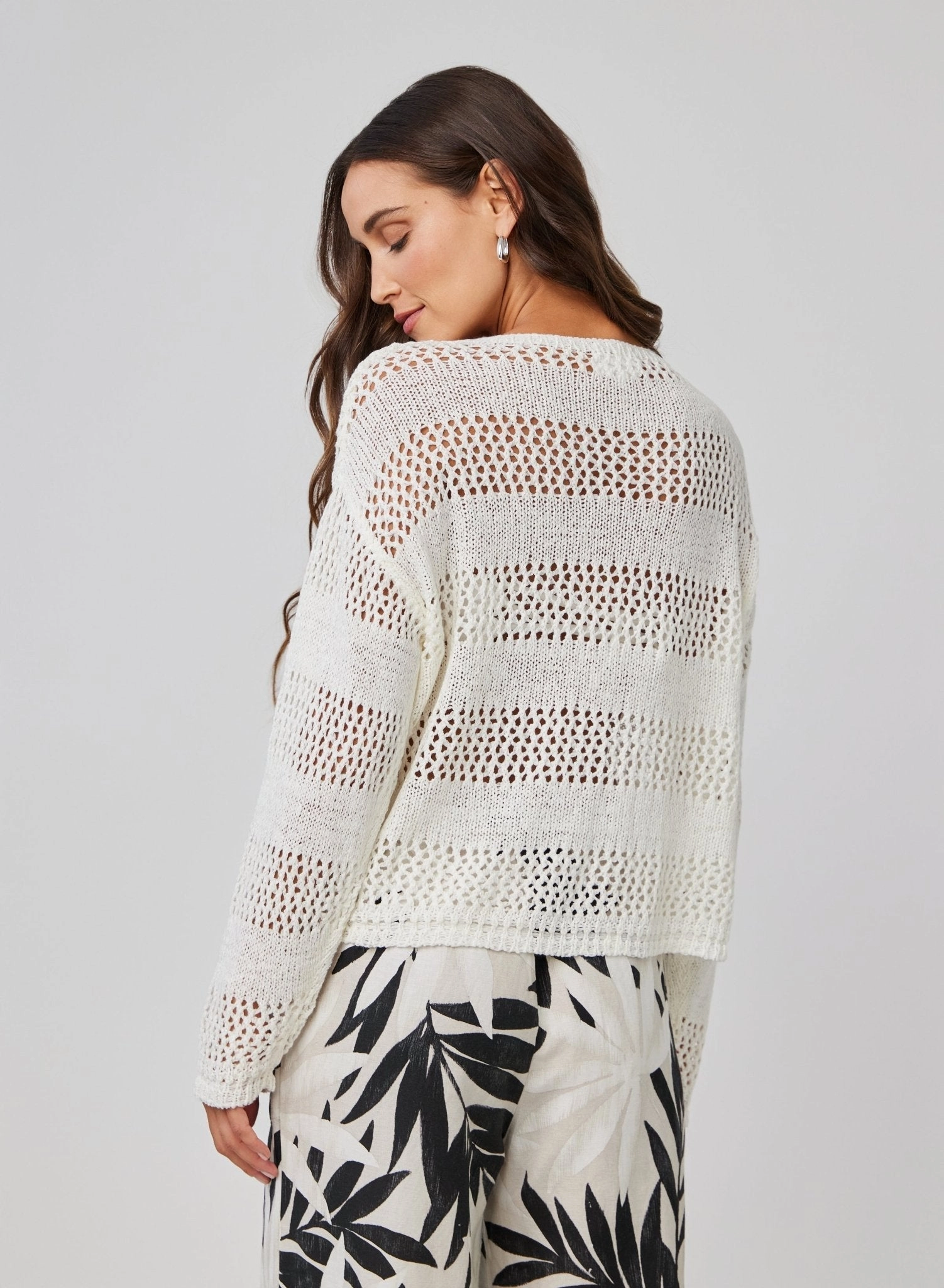 Open Knit Stripe Crew Sweater - White