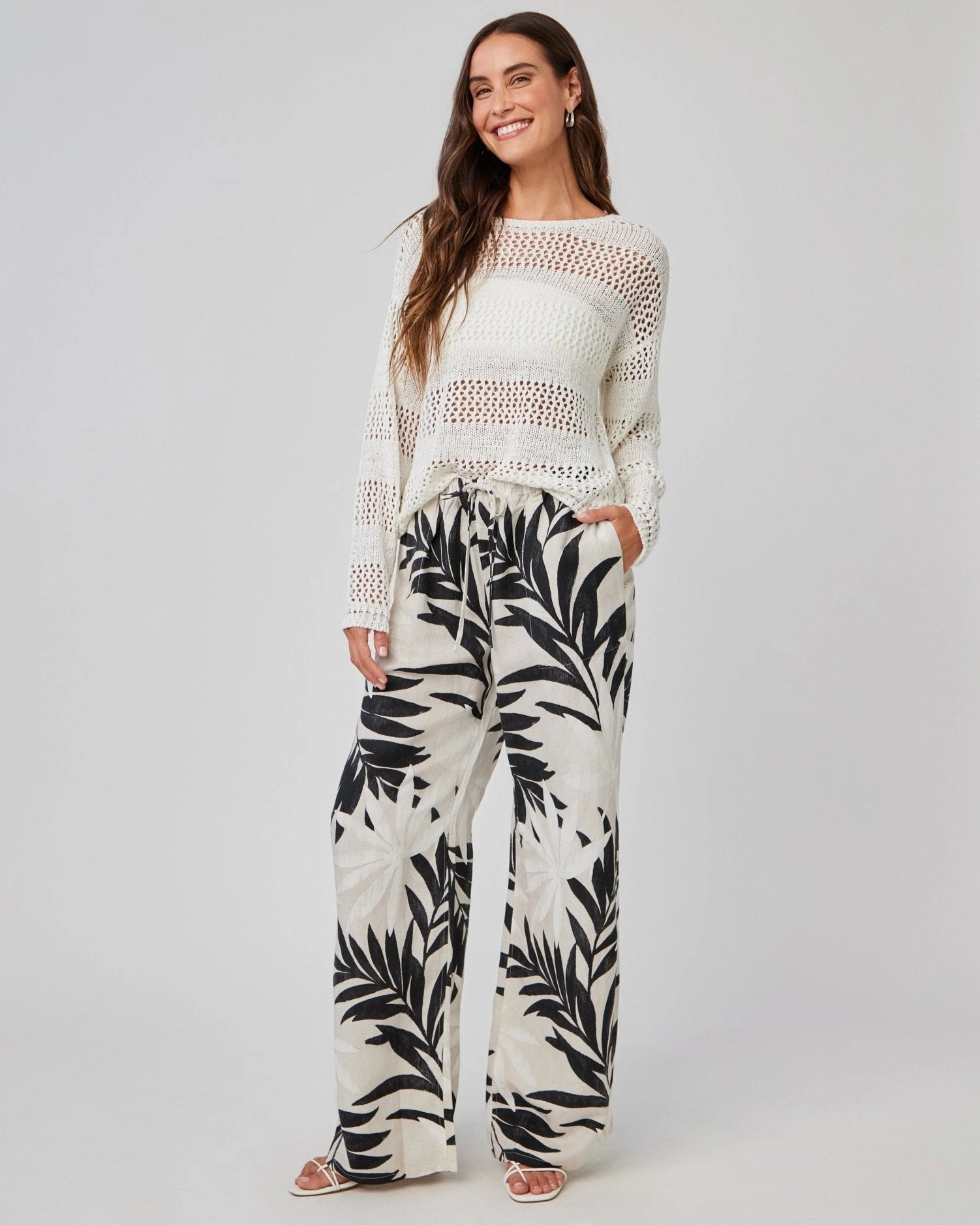 Open Knit Stripe Crew Sweater - White