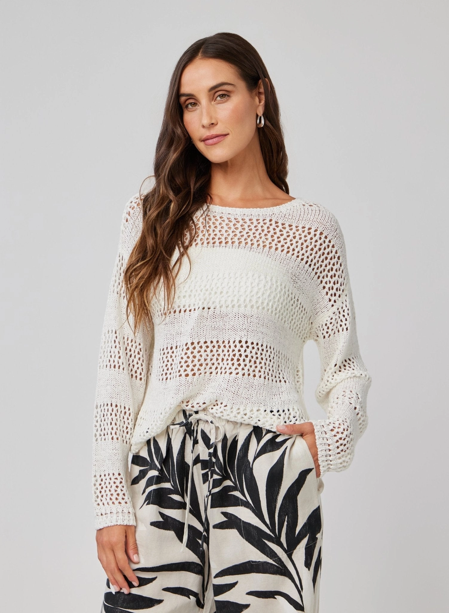 Open Knit Stripe Crew Sweater - White