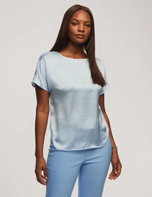 Printed Satin Short Sleeve Blouse With Bateau Neckline- Sale