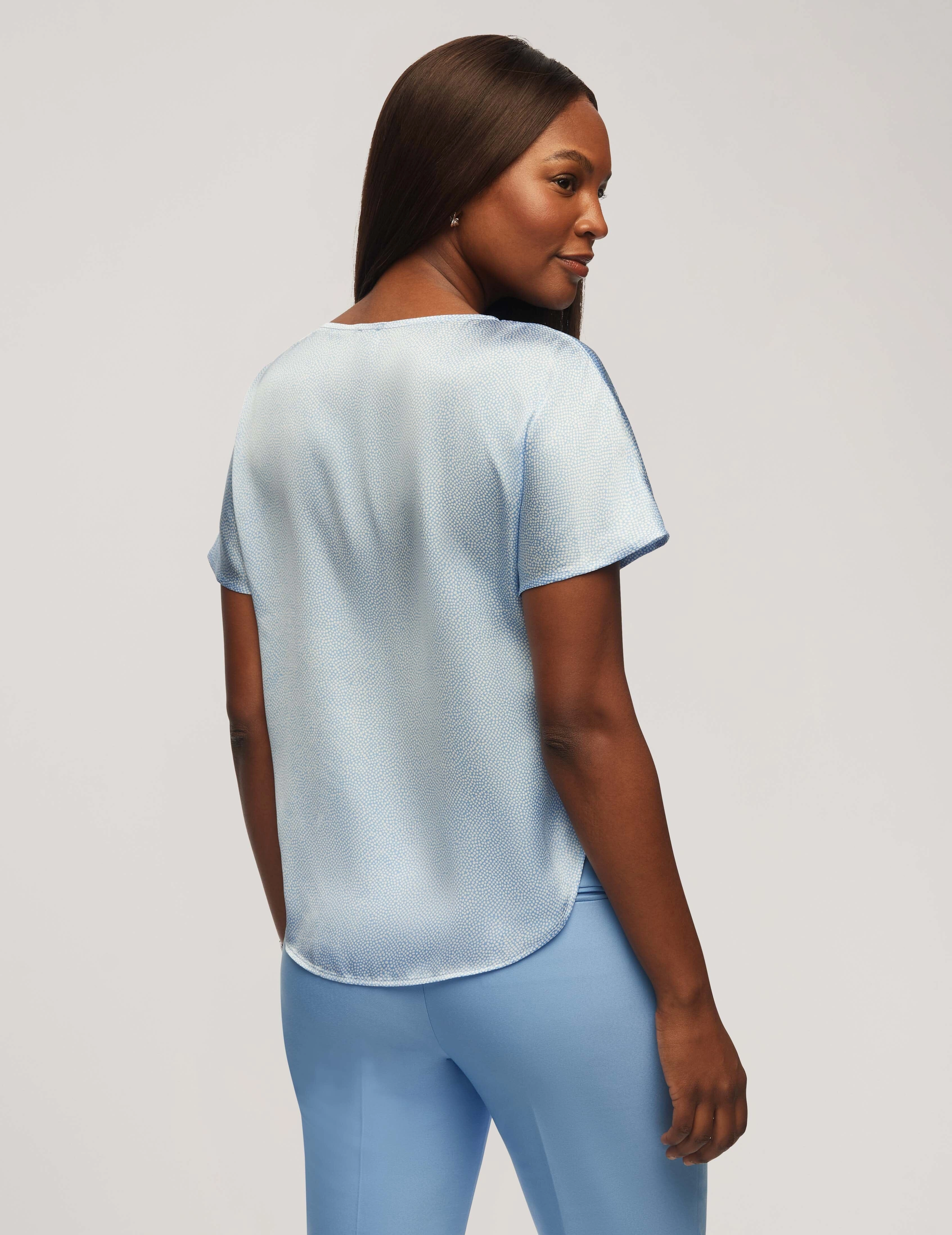 Printed Satin Short Sleeve Blouse With Bateau Neckline- Sale