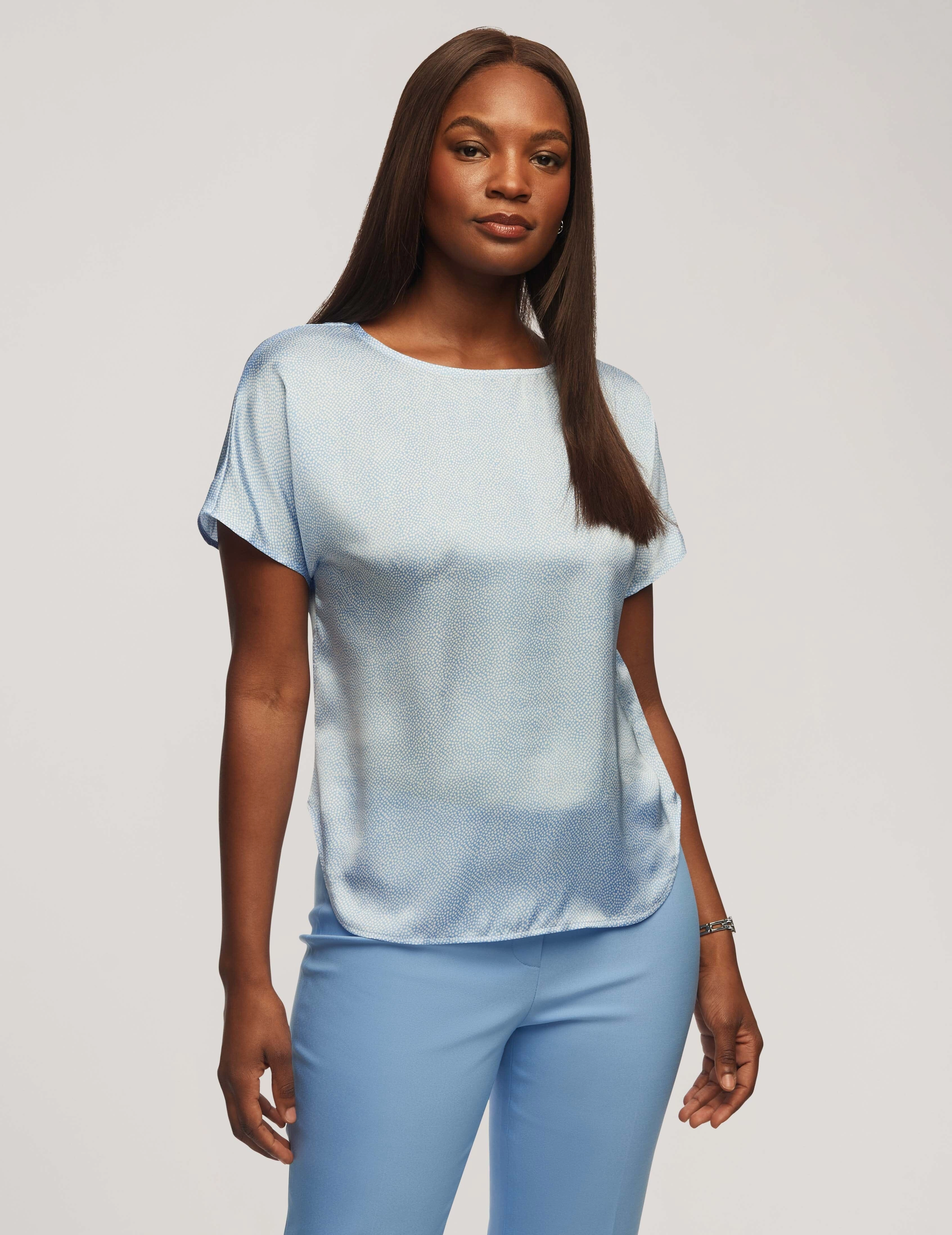 Printed Satin Short Sleeve Blouse With Bateau Neckline- Sale
