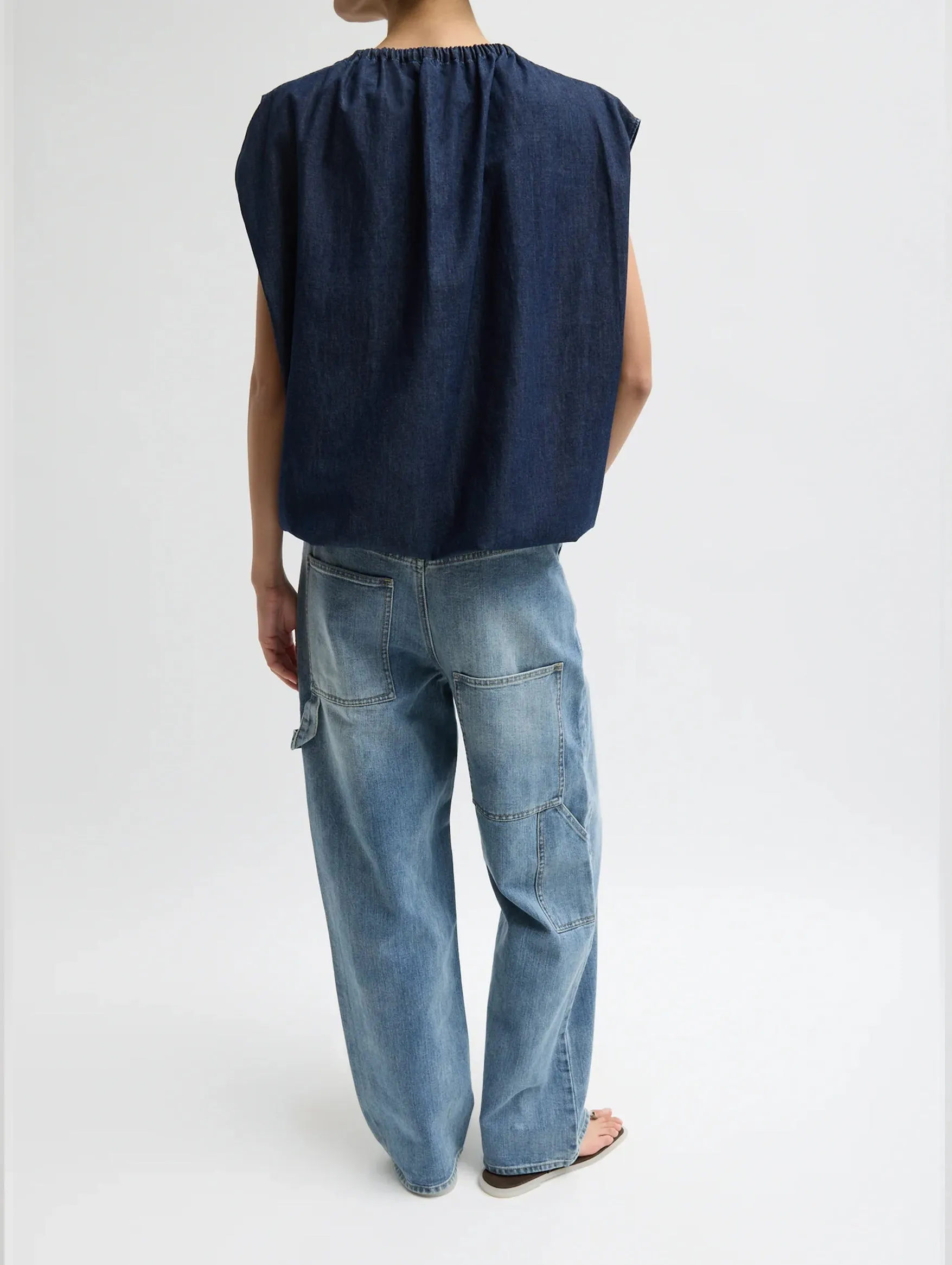 Summer Denim Shirred Neck Circular Top in Indigo