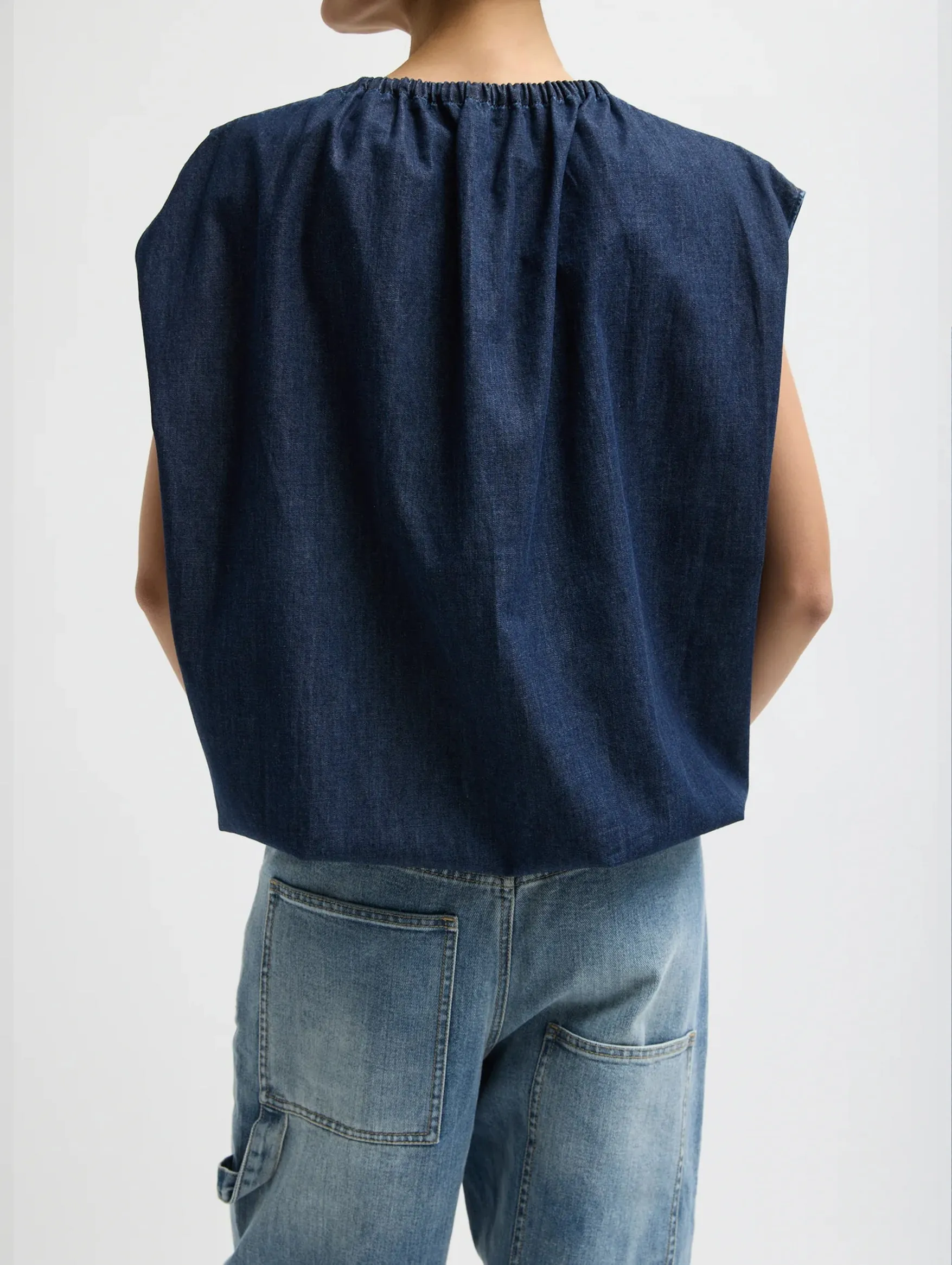 Summer Denim Shirred Neck Circular Top in Indigo