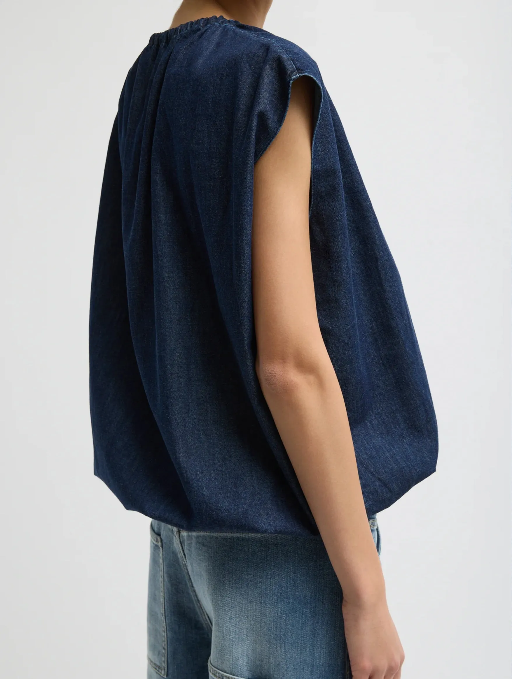 Summer Denim Shirred Neck Circular Top in Indigo