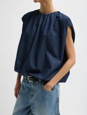 Summer Denim Shirred Neck Circular Top in Indigo
