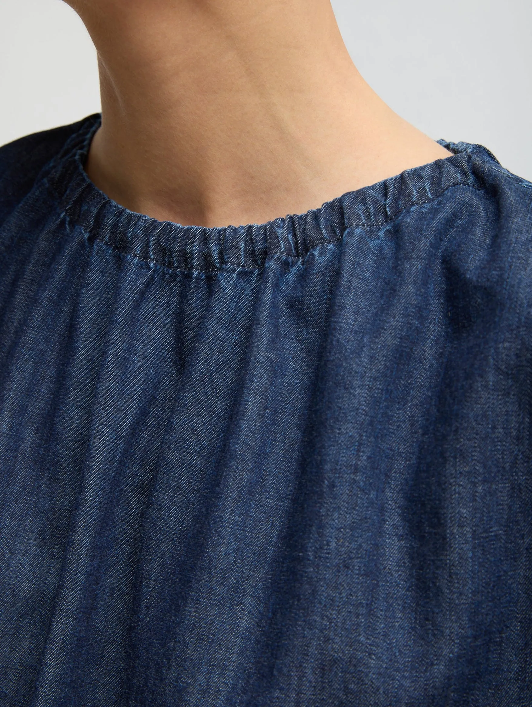 Summer Denim Shirred Neck Circular Top in Indigo