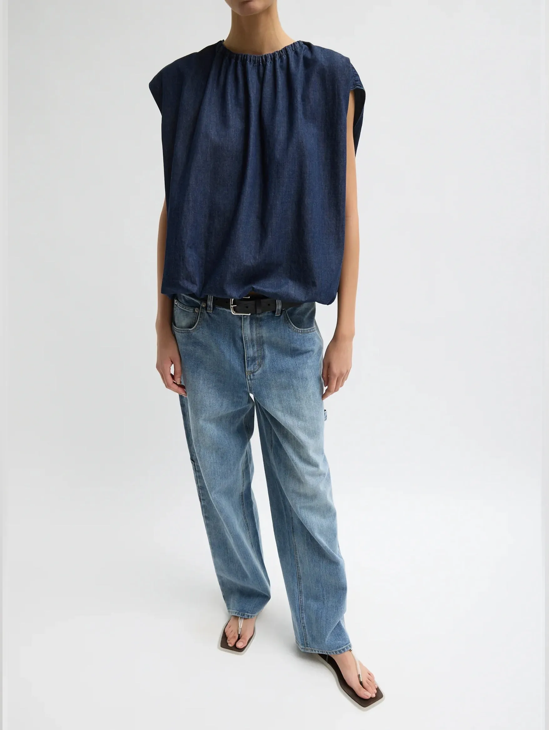 Summer Denim Shirred Neck Circular Top in Indigo