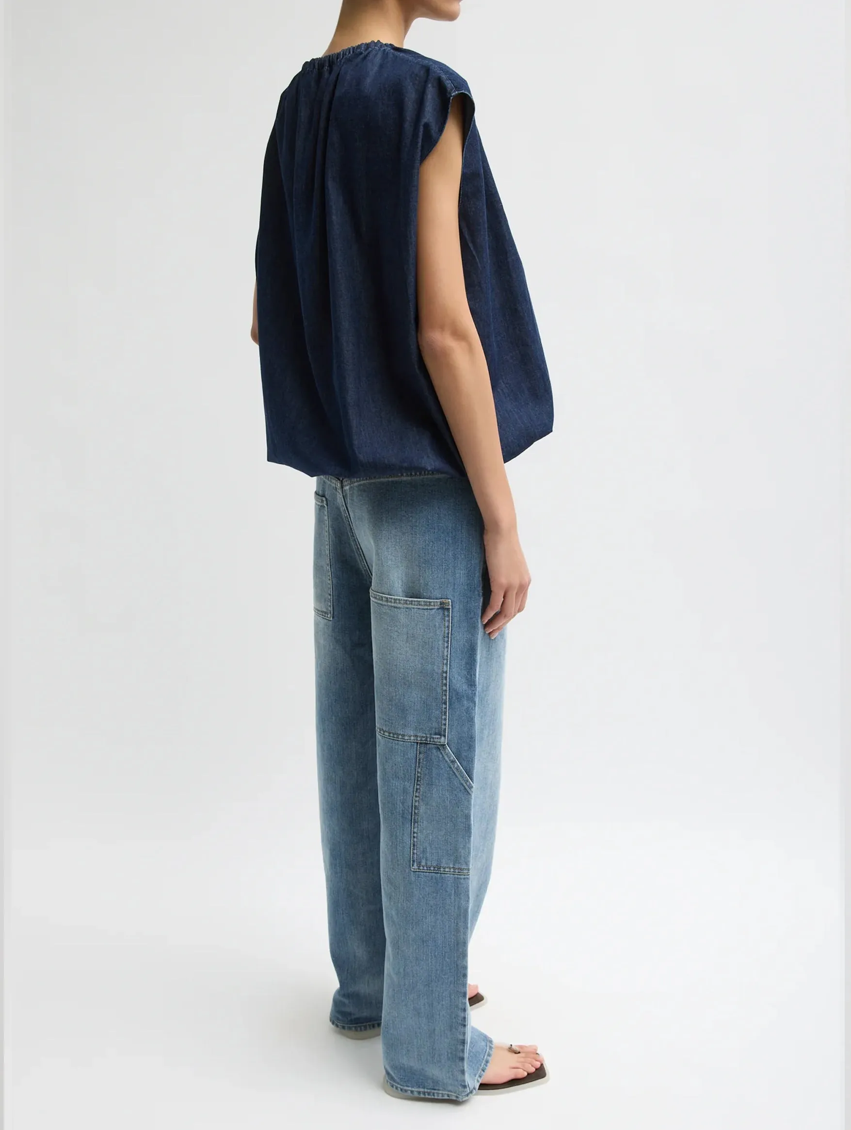 Summer Denim Shirred Neck Circular Top in Indigo