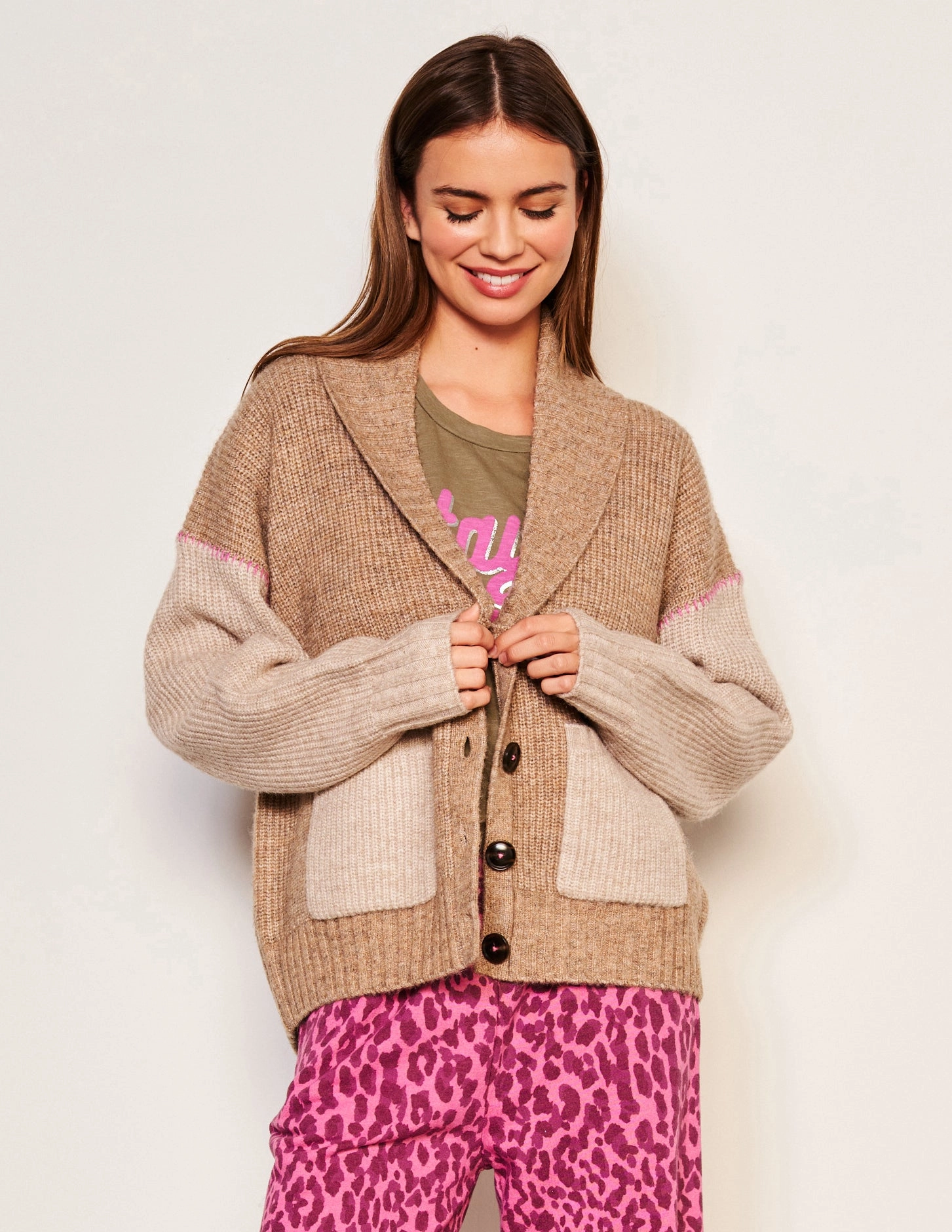 Sundry Shawl Collar Cardi in Taupe