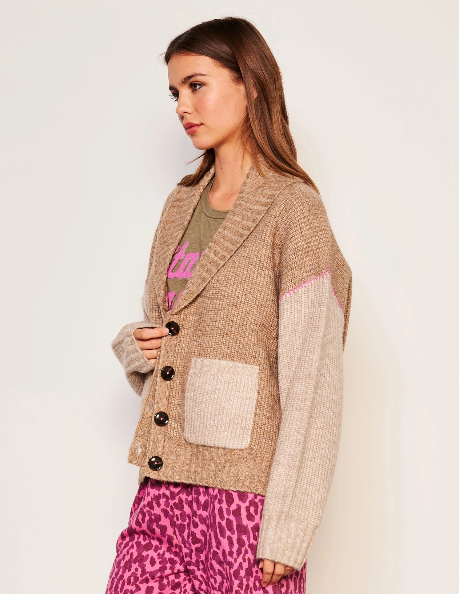 Sundry Shawl Collar Cardi in Taupe