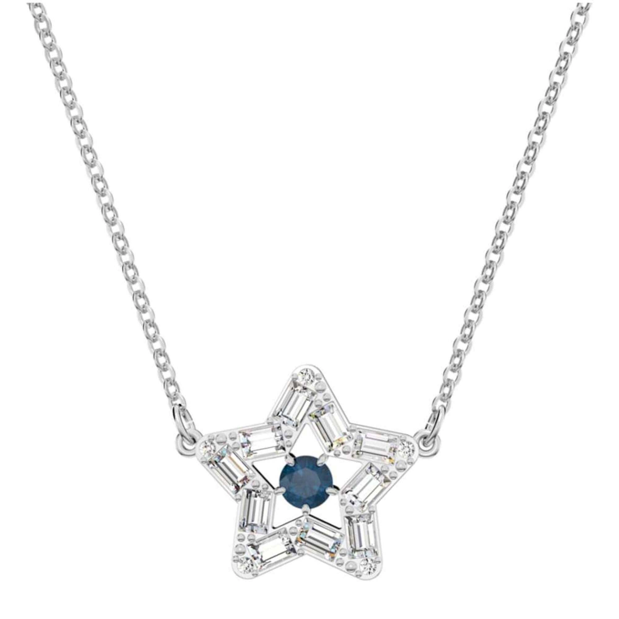 Swarovski Women's Pendant Necklace - Stella Blue Star Shape Rhodium Plated | 5639186