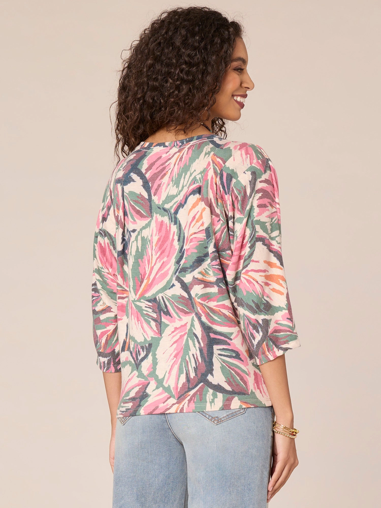 Three Quarter Sleeve Boatneck Leaf Print Knot Hem Knit Top
