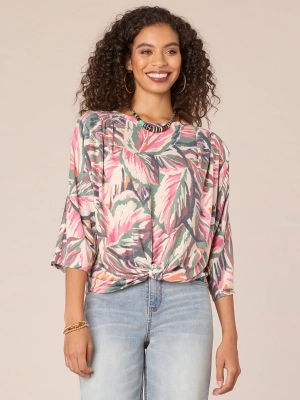 Three Quarter Sleeve Boatneck Leaf Print Knot Hem Knit Top
