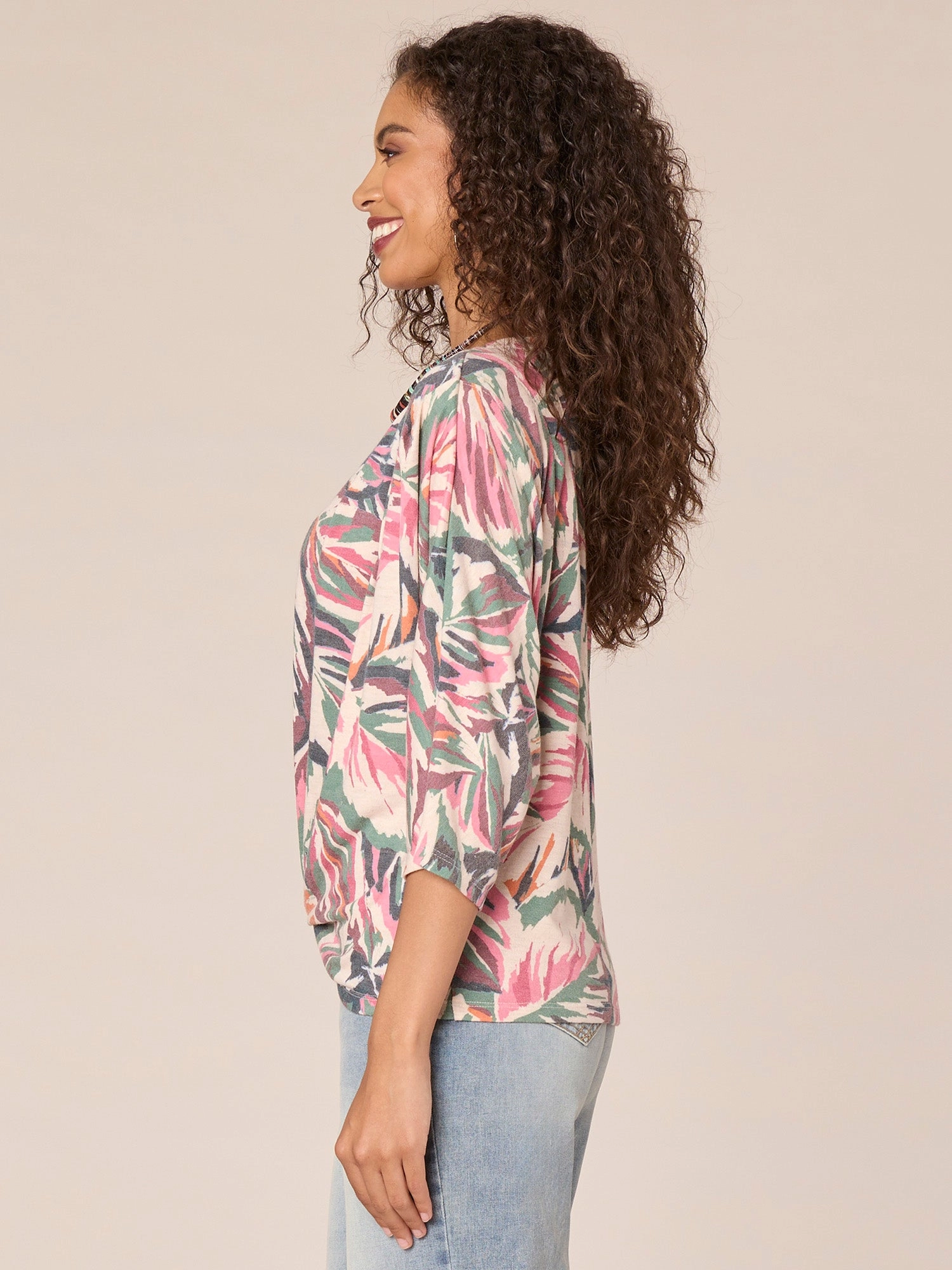 Three Quarter Sleeve Boatneck Leaf Print Knot Hem Knit Top