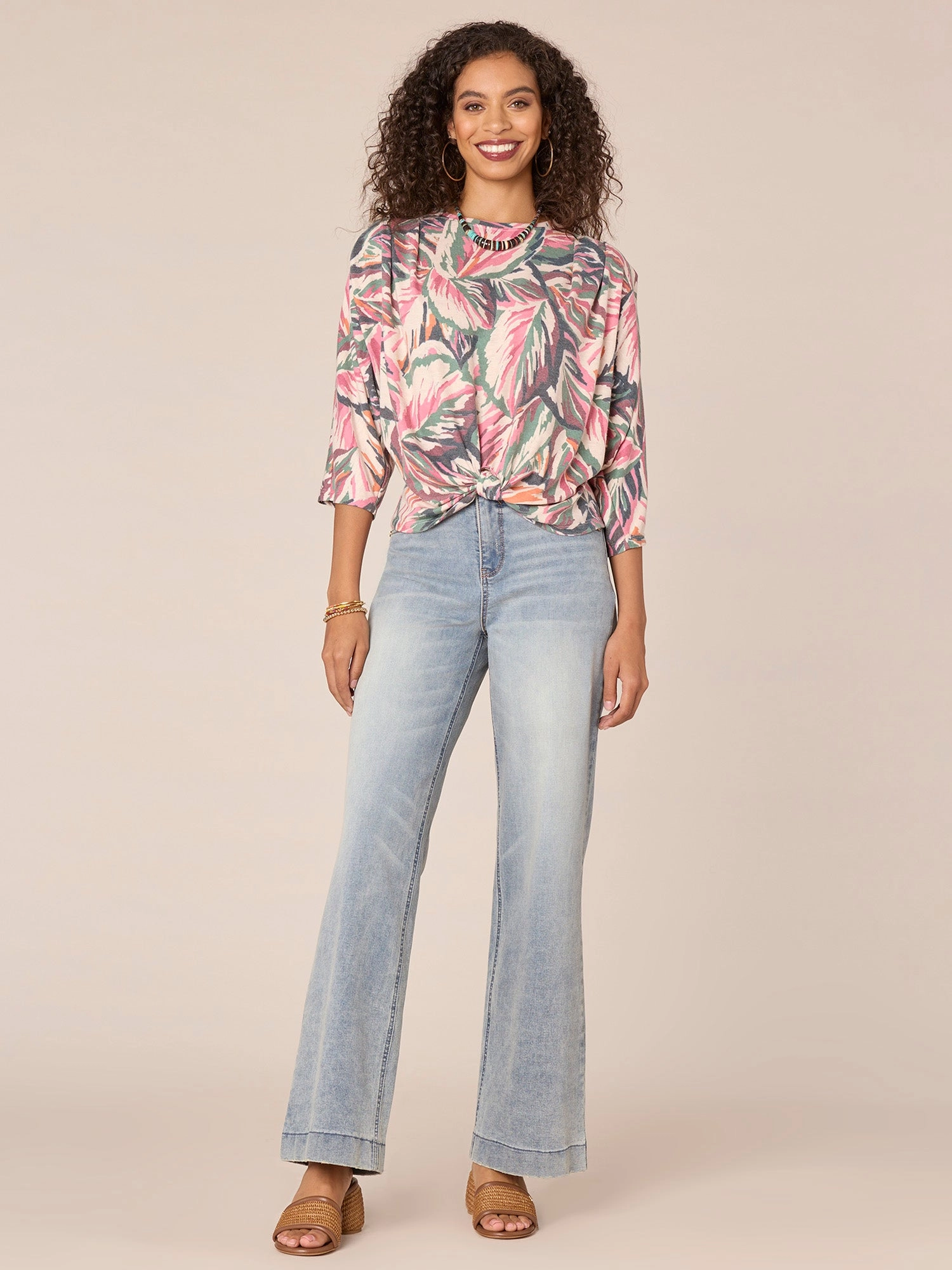 Three Quarter Sleeve Boatneck Leaf Print Knot Hem Knit Top