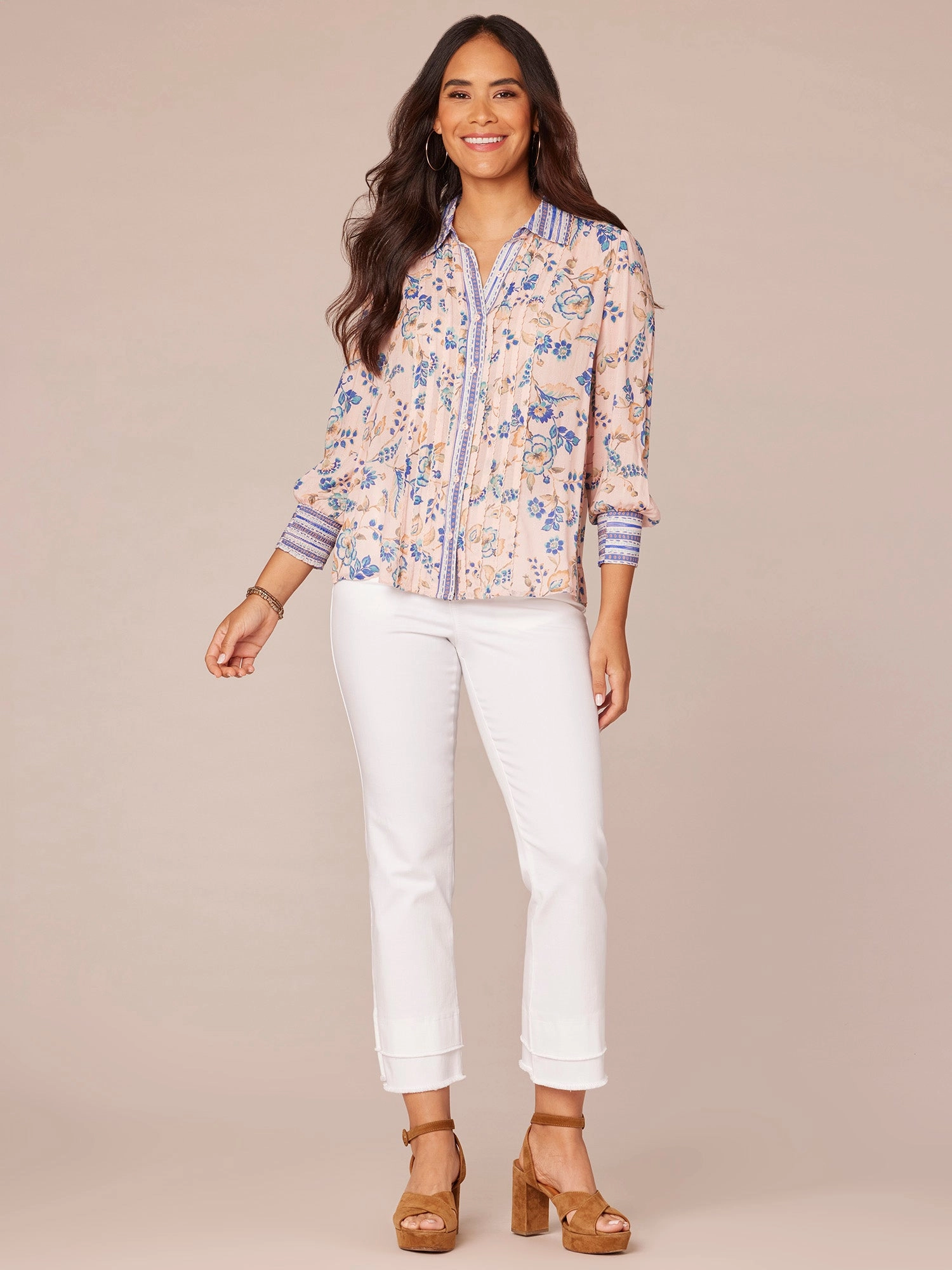 Three Quarter Sleeve Scallop Collar Button Down Printed Woven Shirt