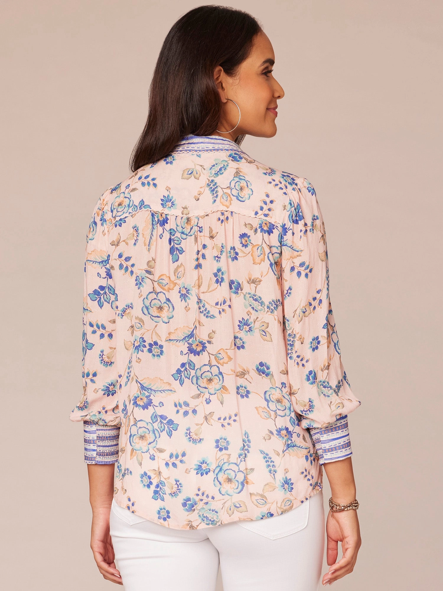 Three Quarter Sleeve Scallop Collar Button Down Printed Woven Shirt