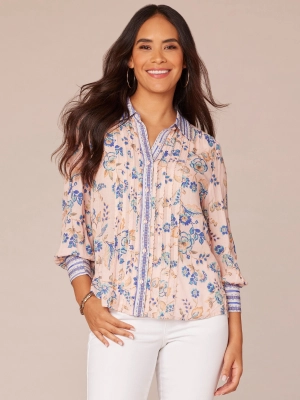 Three Quarter Sleeve Scallop Collar Button Down Printed Woven Shirt