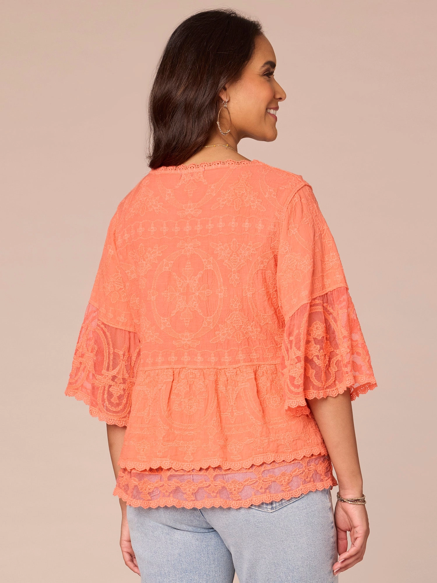Three Quarter Sleeve Scoop Neck Flounce Peplum Hem Plus Size Woven Top