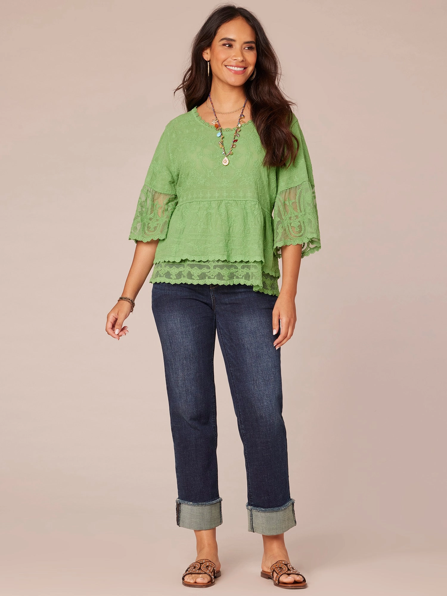 Three Quarter Sleeve Scoop Neck Flounce Peplum Hem Plus Size Woven Top