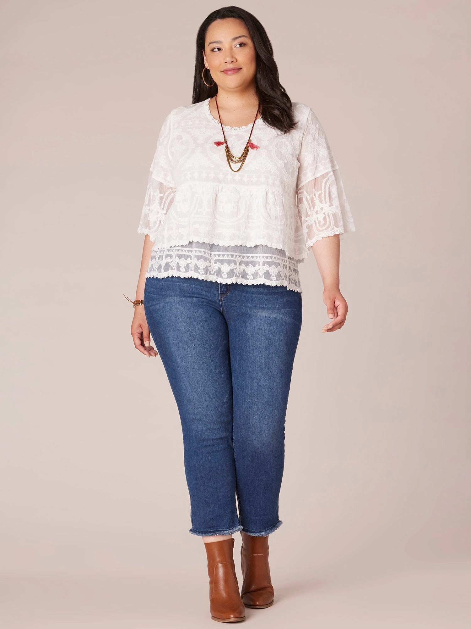 Three Quarter Sleeve Scoop Neck Flounce Peplum Hem Plus Size Woven Top