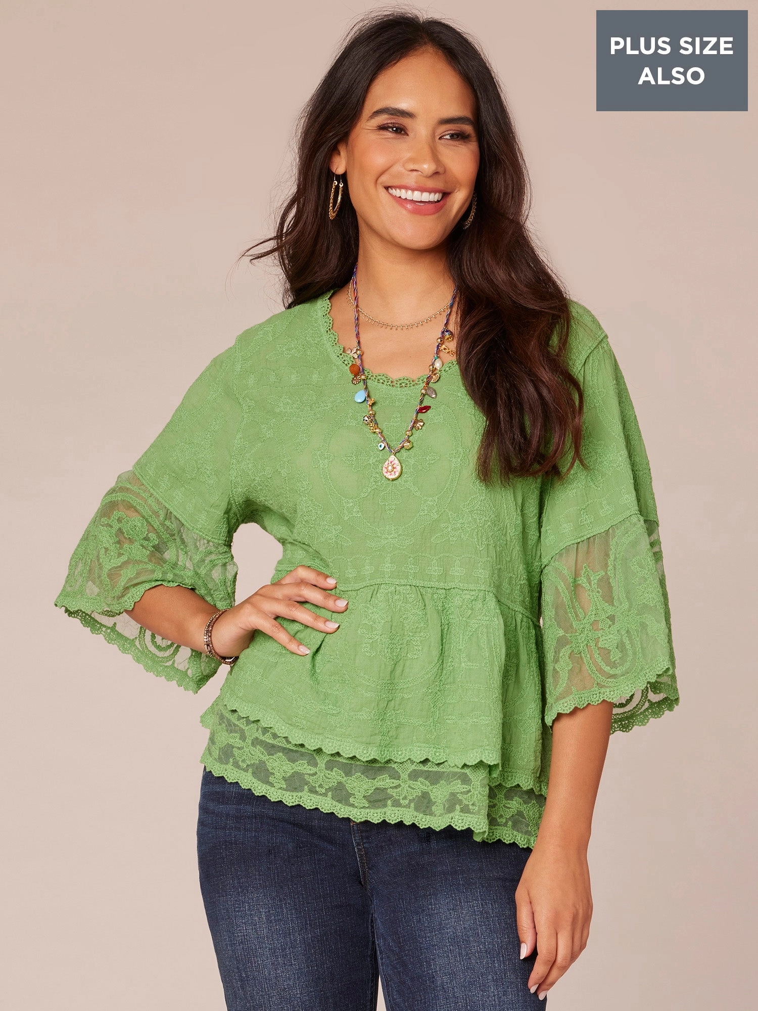 Three Quarter Sleeve Scoop Neck Flounce Peplum Hem Plus Size Woven Top