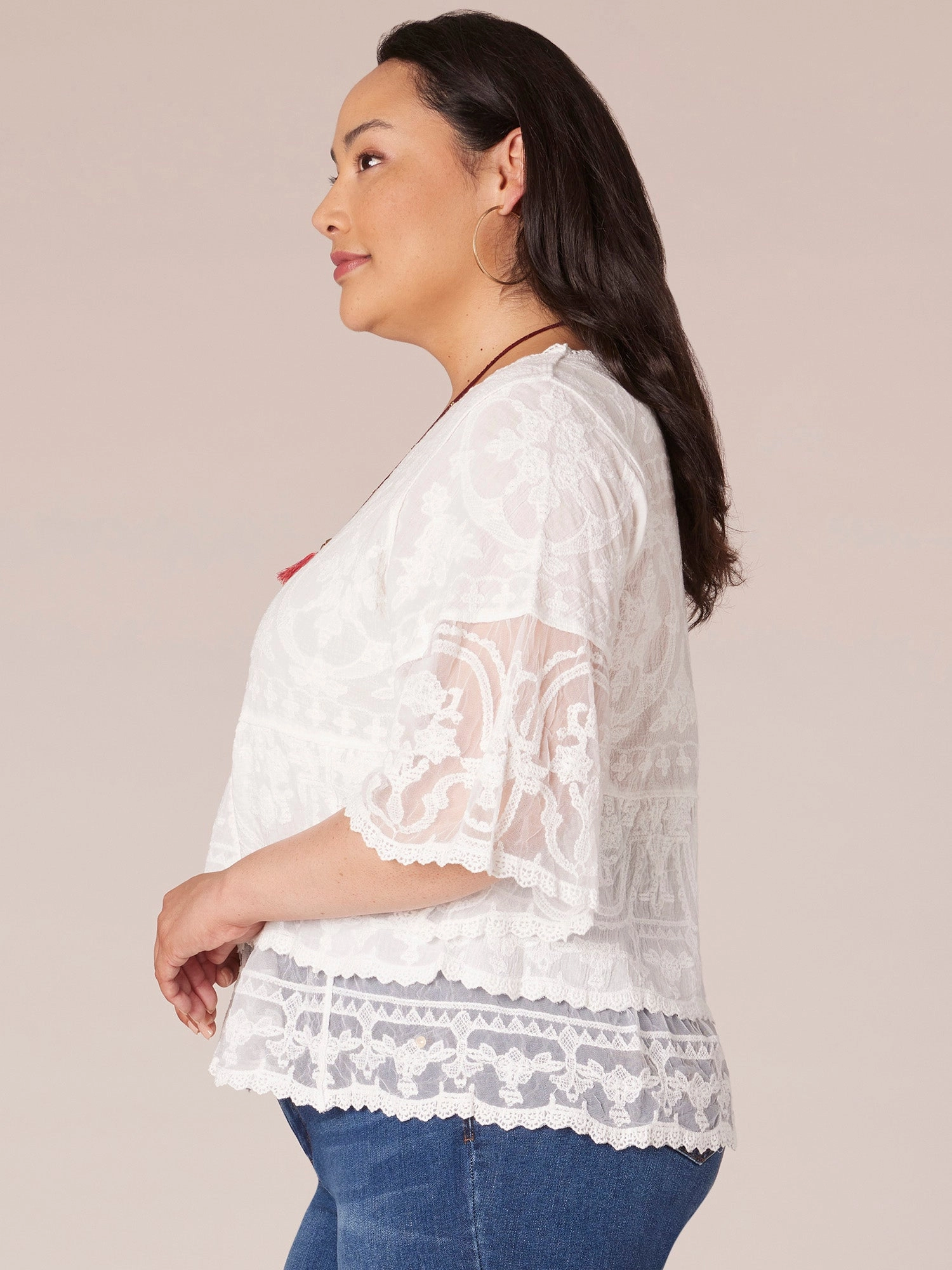 Three Quarter Sleeve Scoop Neck Flounce Peplum Hem Plus Size Woven Top