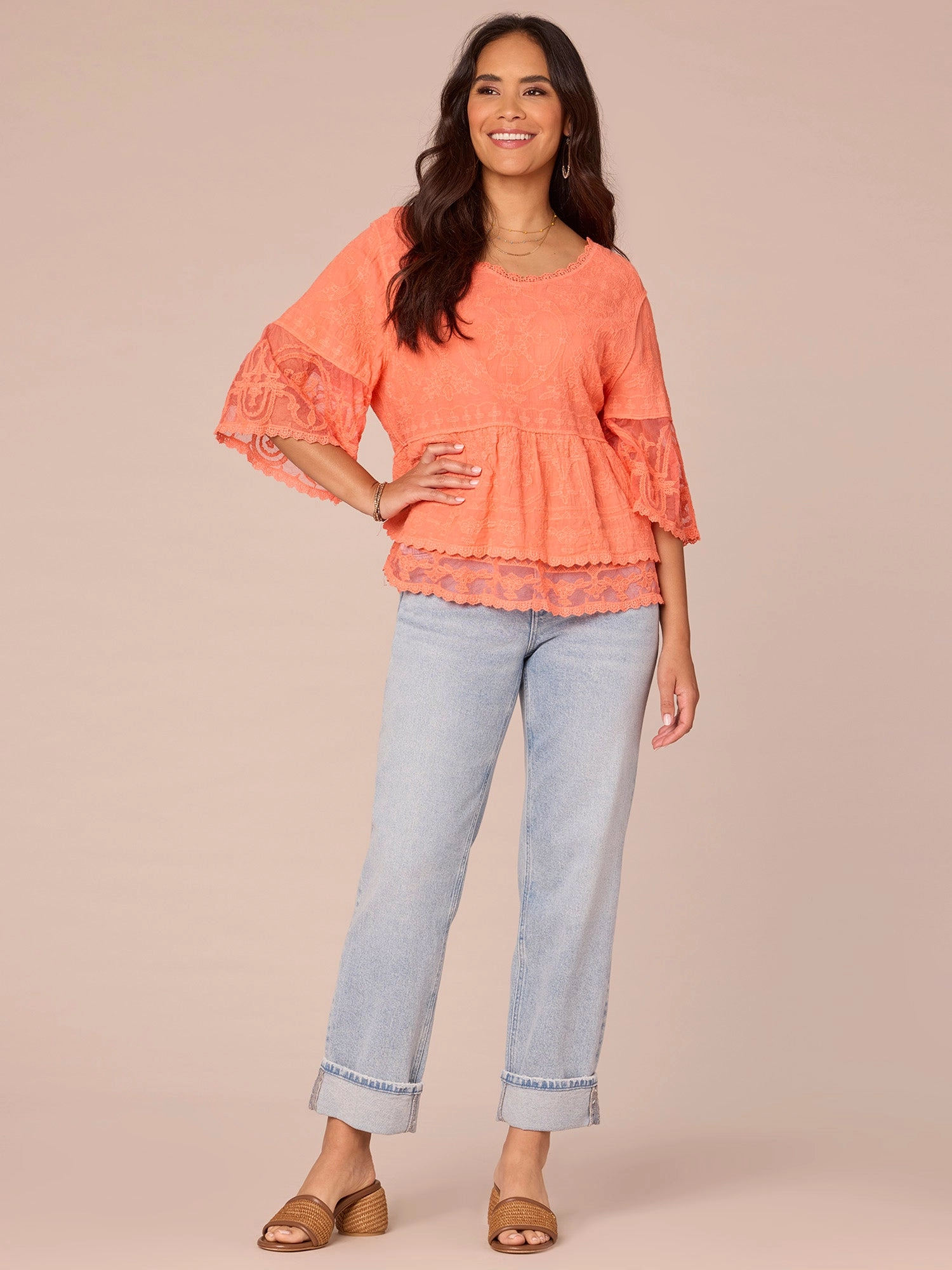 Three Quarter Sleeve Scoop Neck Flounce Peplum Hem Plus Size Woven Top