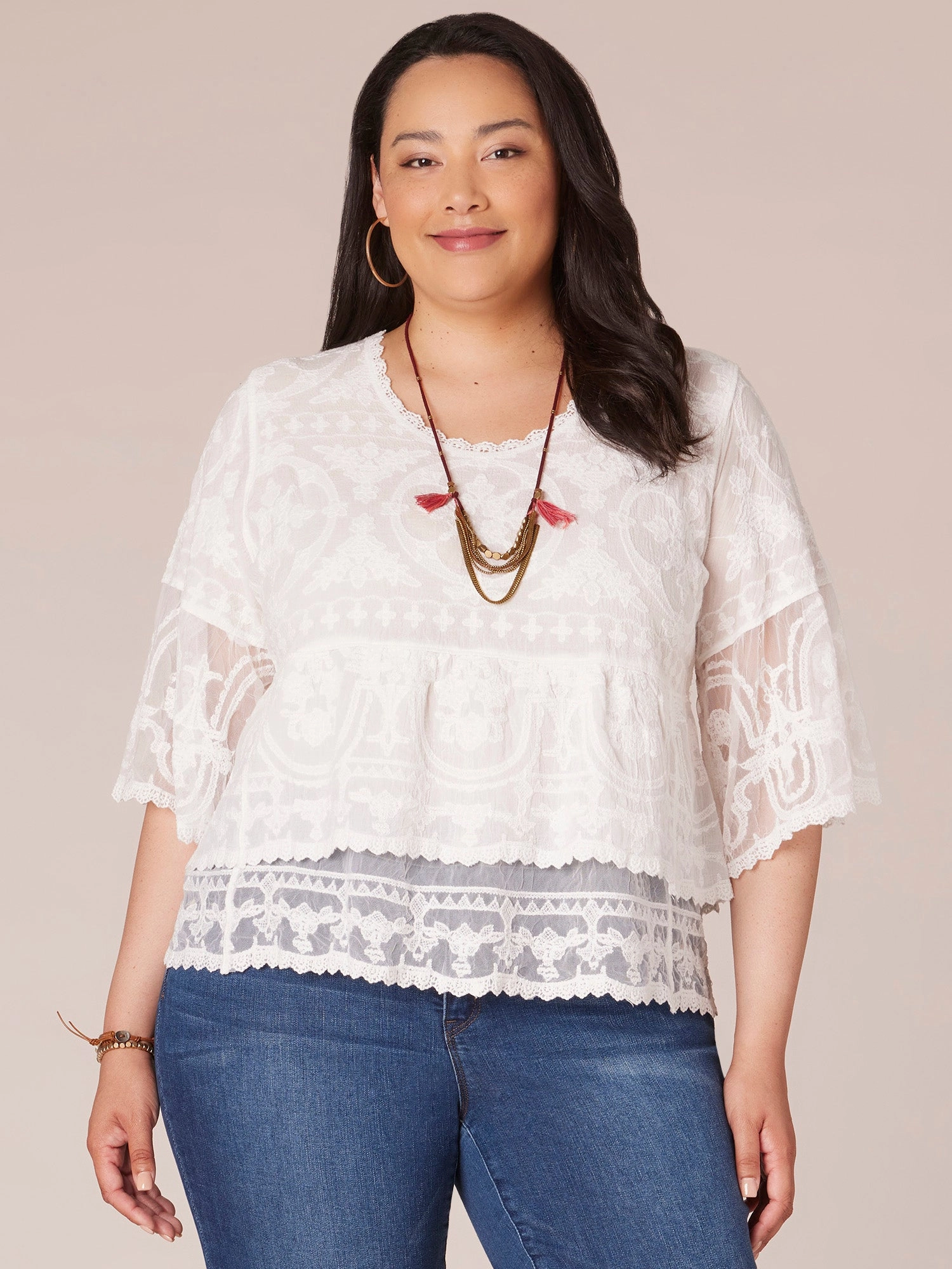 Three Quarter Sleeve Scoop Neck Flounce Peplum Hem Plus Size Woven Top
