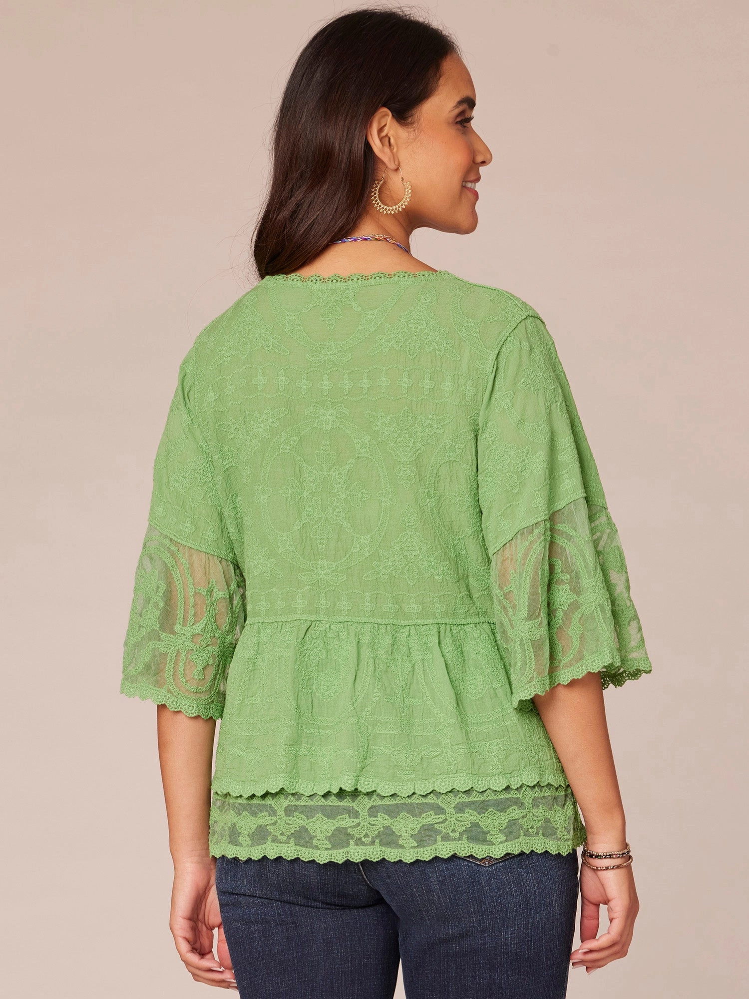Three Quarter Sleeve Scoop Neck Flounce Peplum Hem Plus Size Woven Top