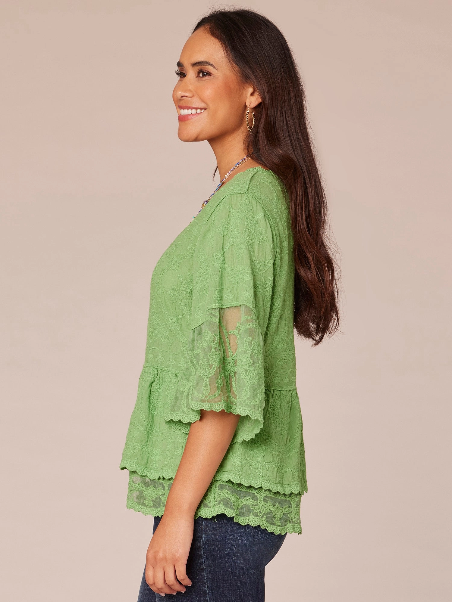 Three Quarter Sleeve Scoop Neck Flounce Peplum Hem Plus Size Woven Top