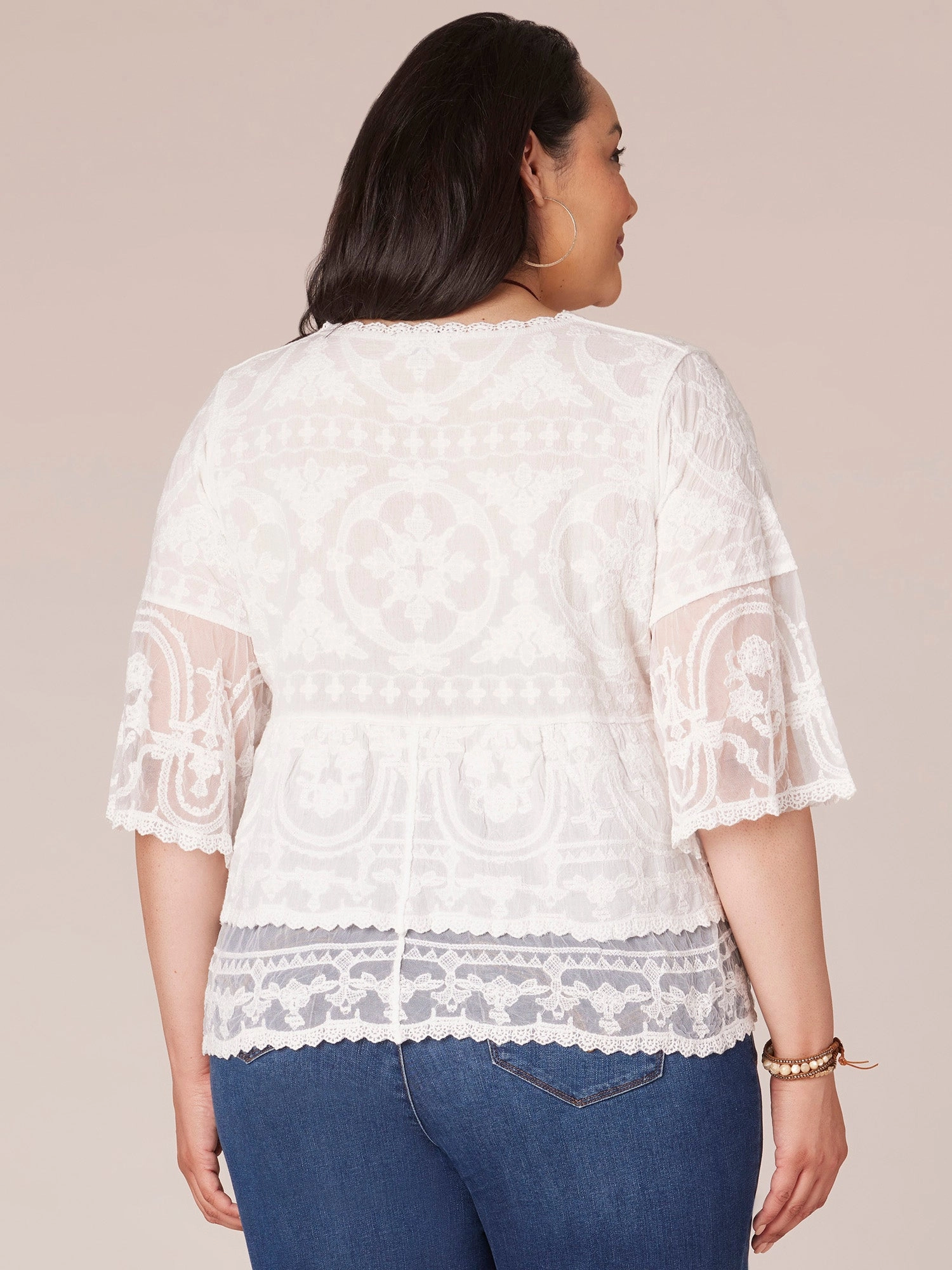 Three Quarter Sleeve Scoop Neck Flounce Peplum Hem Plus Size Woven Top