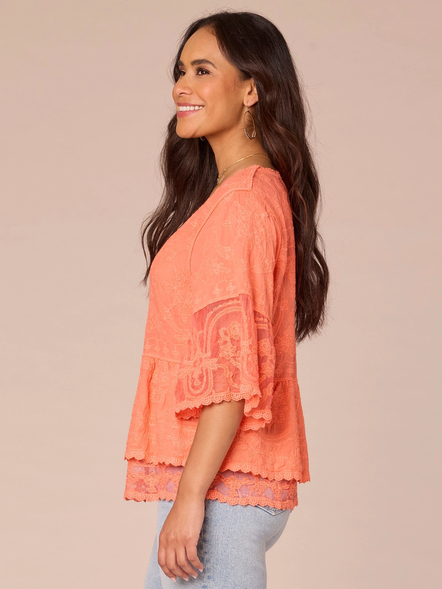 Three Quarter Sleeve Scoop Neck Flounce Peplum Hem Plus Size Woven Top