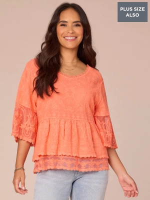 Three Quarter Sleeve Scoop Neck Flounce Peplum Hem Plus Size Woven Top