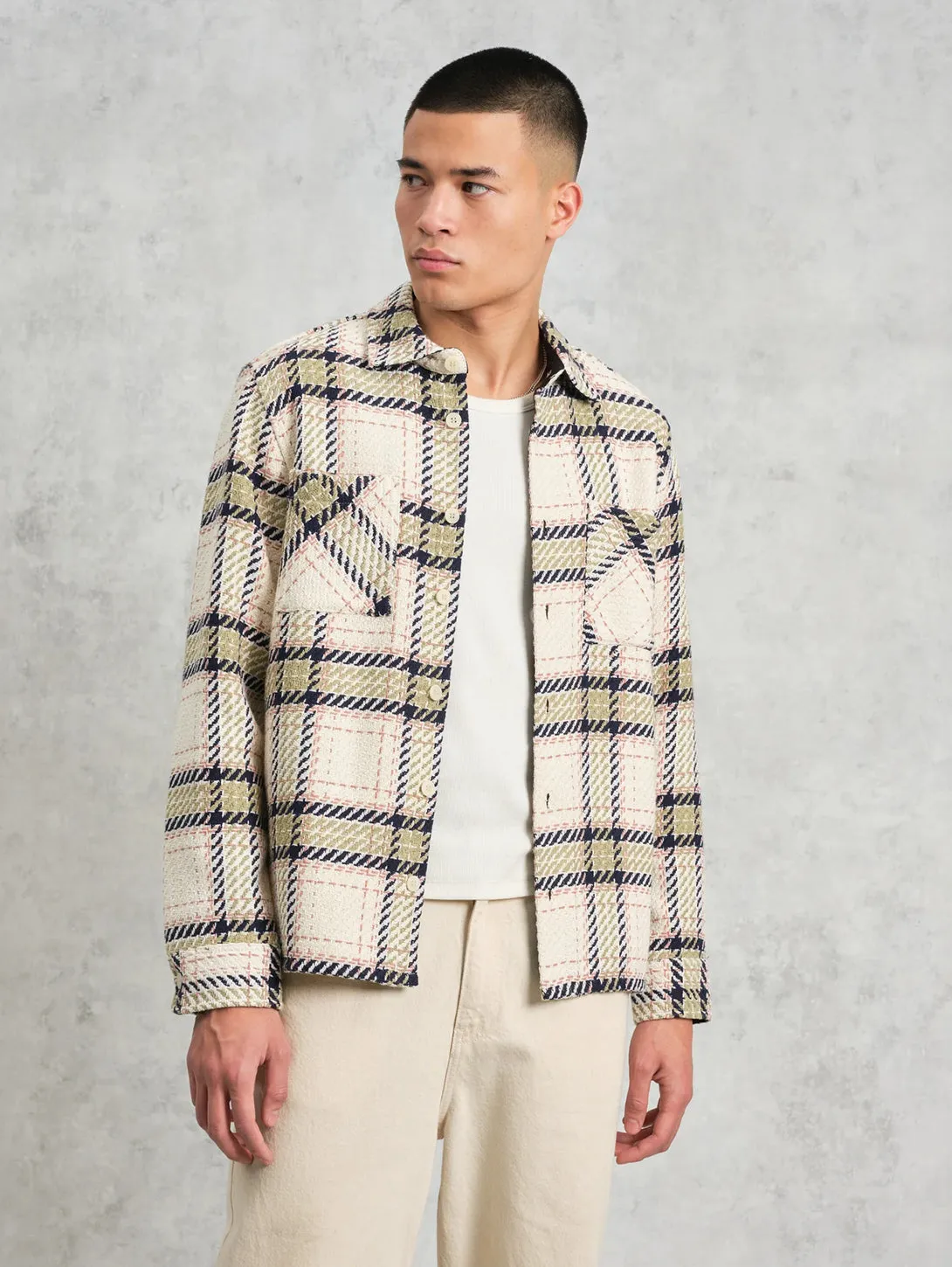 Whiting Overshirt - Ecru   Sage Harp Check