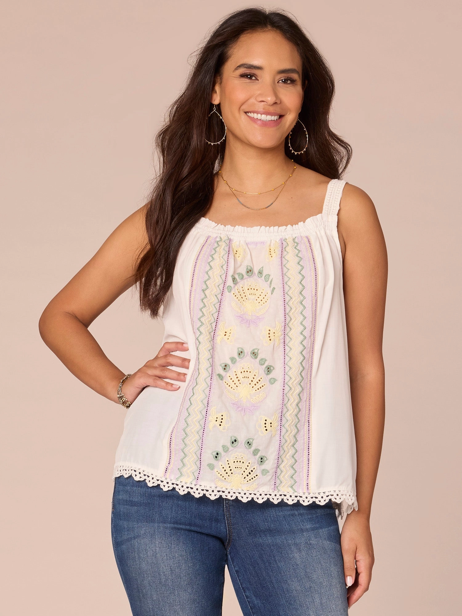 Wide Strap Ruched Square Neck Embroidered Petite Woven Tank Top