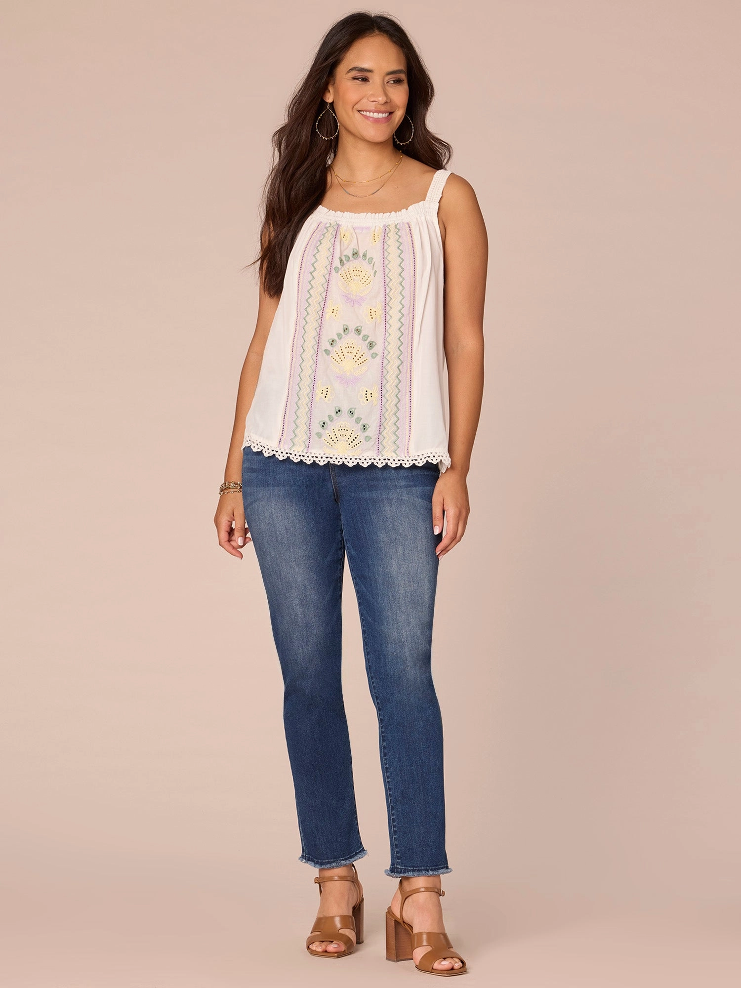 Wide Strap Ruched Square Neck Embroidered Petite Woven Tank Top